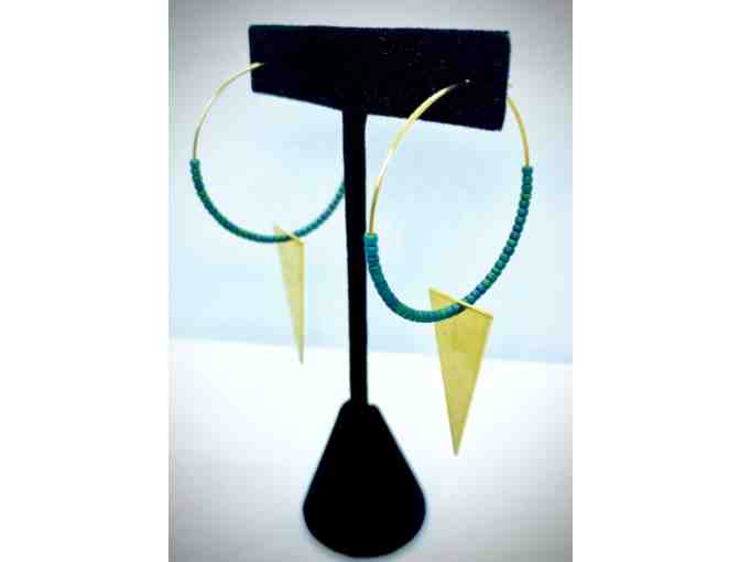 Teal Beaded Brass Hoops with Triangles Earrings from Mackenzie Rose Designs