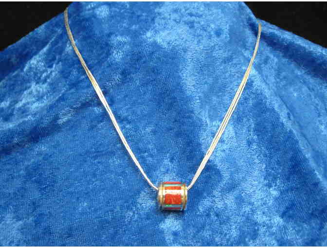 Red Stone and Opal Inlaid in Sterling Slide on Three Strand 16' Liquid Sterling Silver Chain