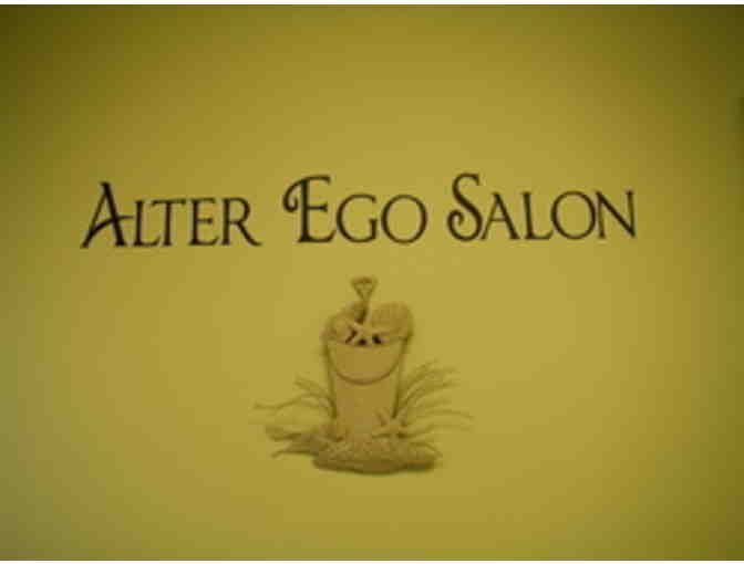 Hair styling products, hairbrush, and gift certificate for a haircut at Alter Ego