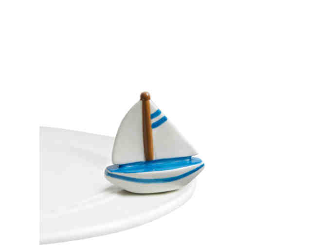 Nora Fleming Bread Tray with Sailboat Mini and Stemless Wineglasses