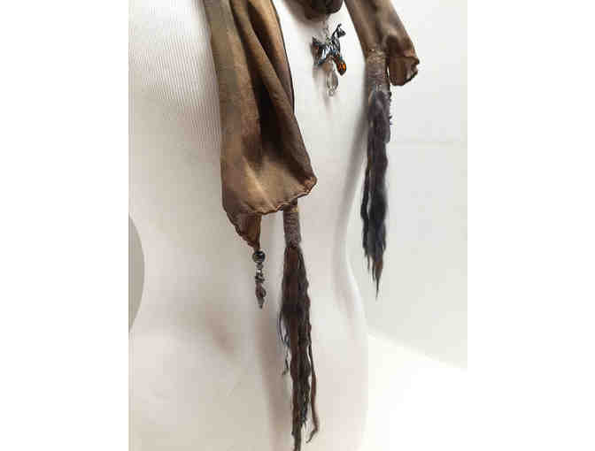 Scarf - Hand dyed silk with authentic hand dyed suri alpaca locks and beading