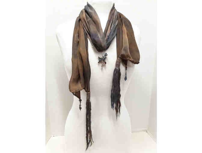 Scarf - Hand dyed silk with authentic hand dyed suri alpaca locks and beading