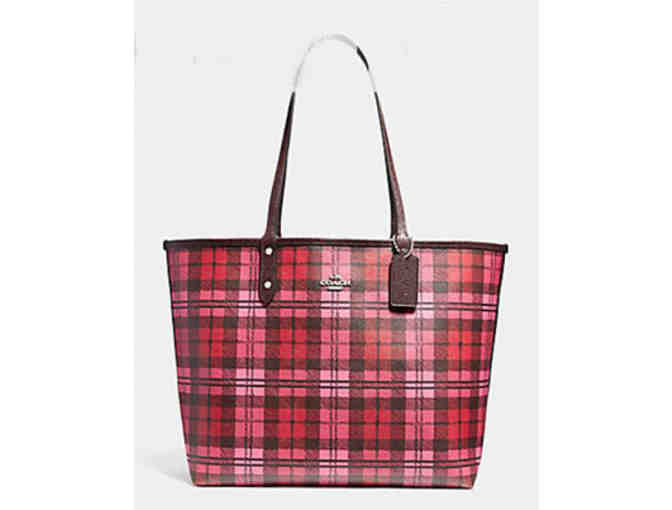 COACH Reversible City Tote OxBlood with Shadow Plaid Print