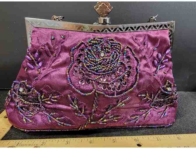 Beaded & Embroidered Floral Clutch Vintage Satin Evening Bag