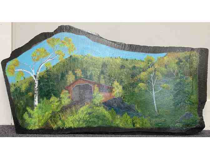 Covered Bridge Scene painted on Slate - Photo 1