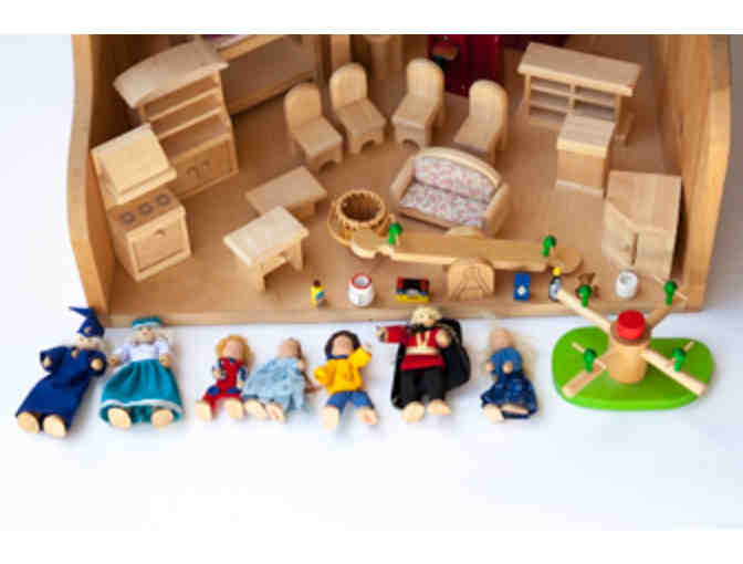 Wooden Dollhouse with Dolls and Furniture