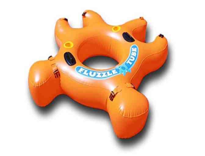 Two Fluzzle Tubes with interlocking inflatable basketball hoop and cooler.