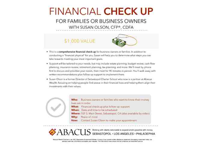 Financial Planning Check-up and Follow-Up Support with Susan Olson, CFP, CDFA