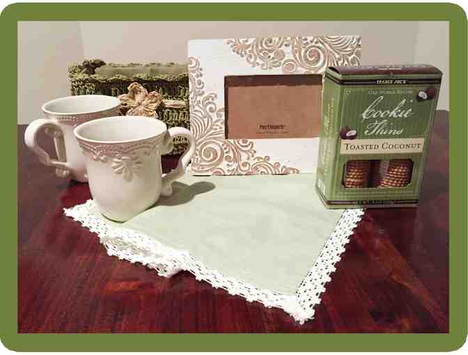 Gift Basket with Coffee Mugs, Picture Frame, Fabric Napkin, and Cookies