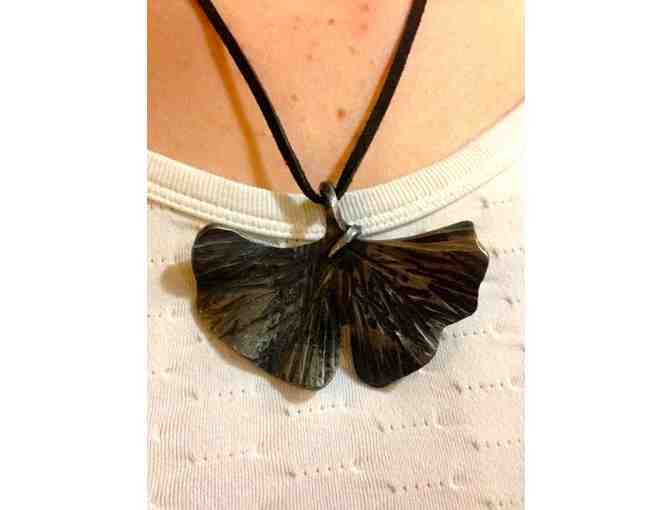 Hand forged metal hook and ginkgo leaf necklace by Iron Mountain Forge & Furniture