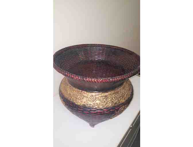 Open Planter, woven rattan with maroon lacquer and gold decoration