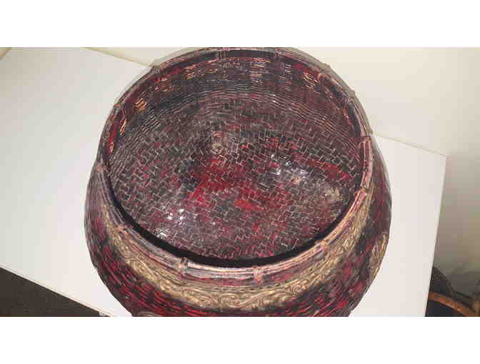 Open Planter, woven rattan with maroon lacquer and gold decoration