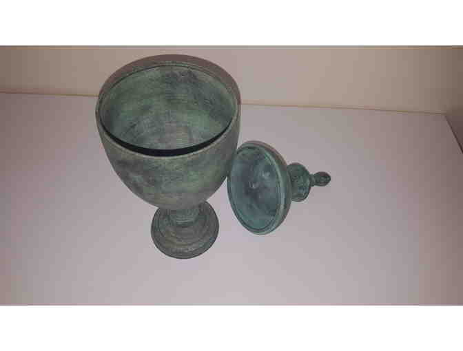 Bronze antique verde covered vase with finial top, ceremonial vase