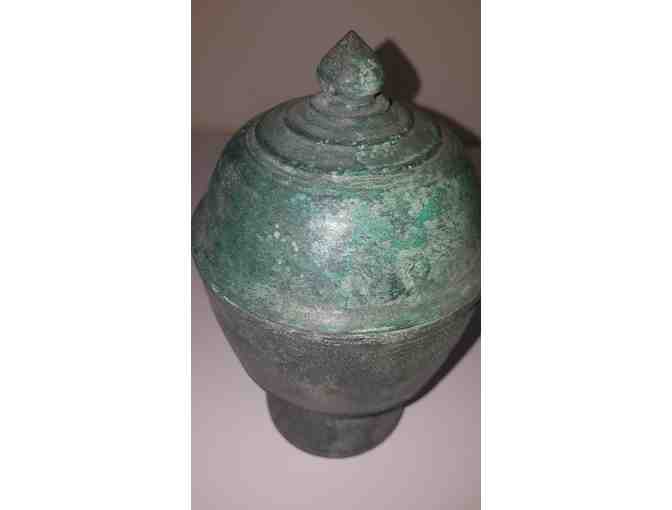 Bronze antique verde covered vase with finial top, ceremonial vase