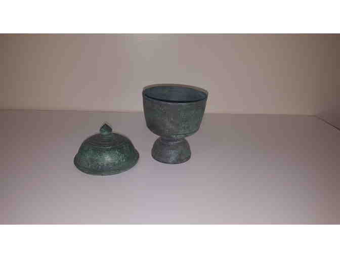 Bronze antique verde covered vase with finial top, ceremonial vase