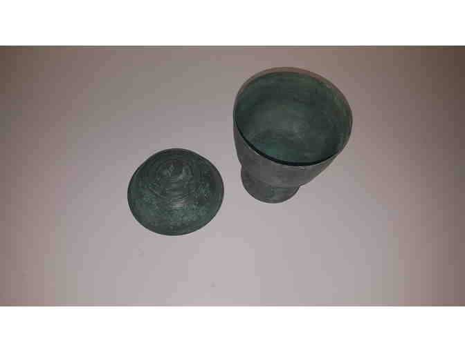 Bronze antique verde covered vase with finial top, ceremonial vase