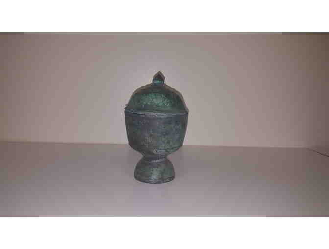Bronze antique verde covered vase with finial top, ceremonial vase