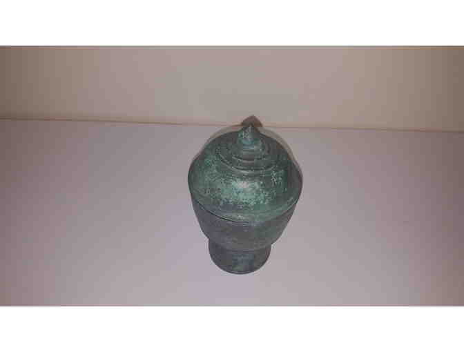 Bronze antique verde covered vase with finial top, ceremonial vase