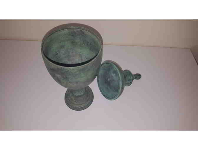 Bronze antique verde covered vase with finial top, ceremonial vase