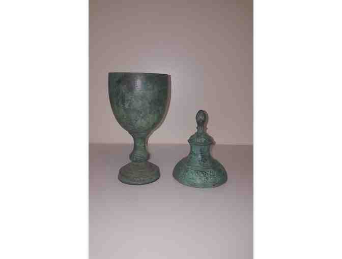 Bronze antique verde covered vase with finial top, ceremonial vase