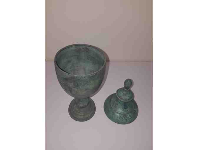 Bronze antique verde covered vase with finial top, ceremonial vase