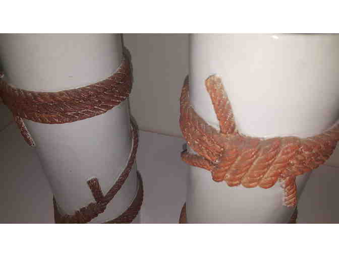 Porcelain vases with rope detail from Thailand, pair