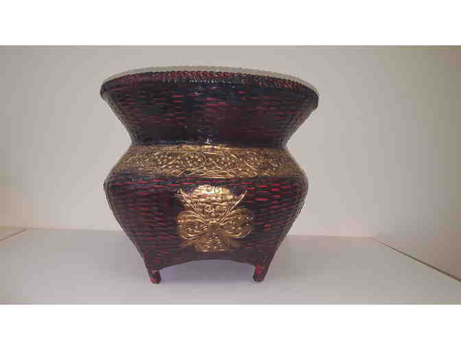 Open Planter, woven rattan with maroon lacquer and gold decoration