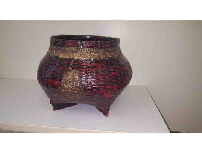 Open Planter, woven rattan with maroon lacquer and gold decoration