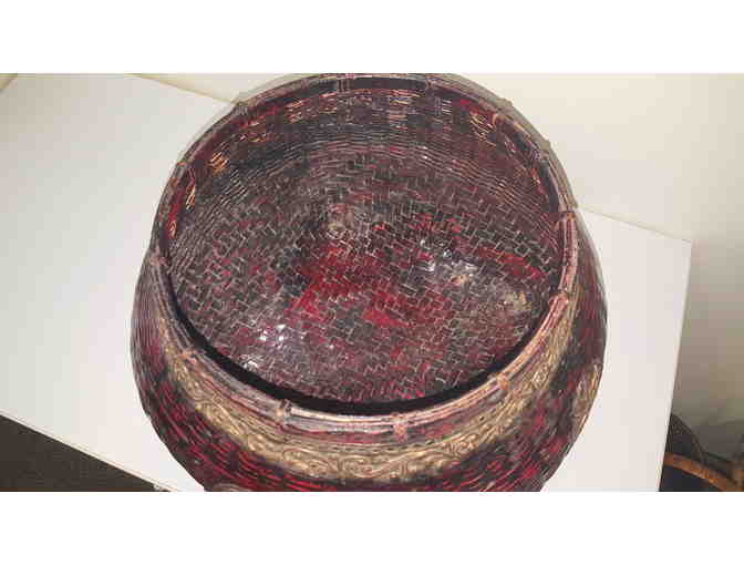 Open Planter, woven rattan with maroon lacquer and gold decoration