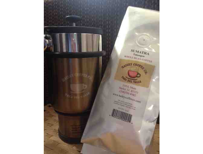 Hailey Coffee Company- All-in-One insulated travel press mug &  pound of whole bean coffee