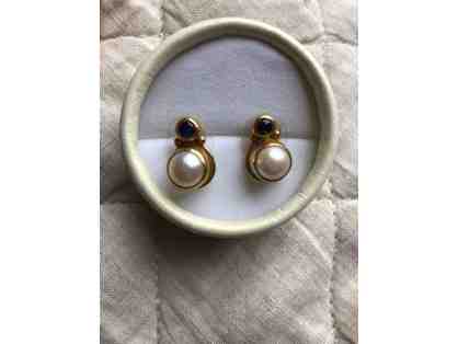 22kt Gold Pierced Earrings with Cultured Pearl and Cabochon Sapphires