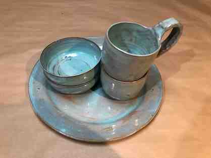 CERAMICS: 2 cups, 2 Dessert Bowls and Platter by Caroline Wallner