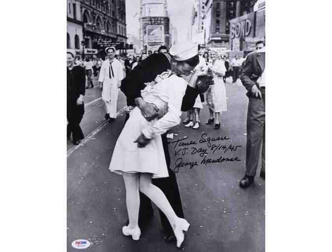 George Mendonsa Signed 'The Kissing Sailor' 11x14 Photo Inscribed 'Times Square V.J. Day 8