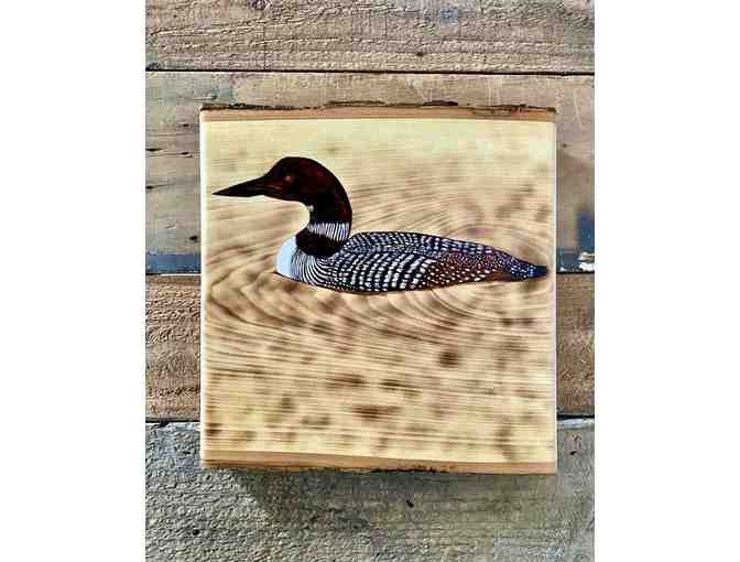 'The Loon of Walden Pond' on Hand-Burned Wood Plaque, by Burning Woman Mia Frattura
