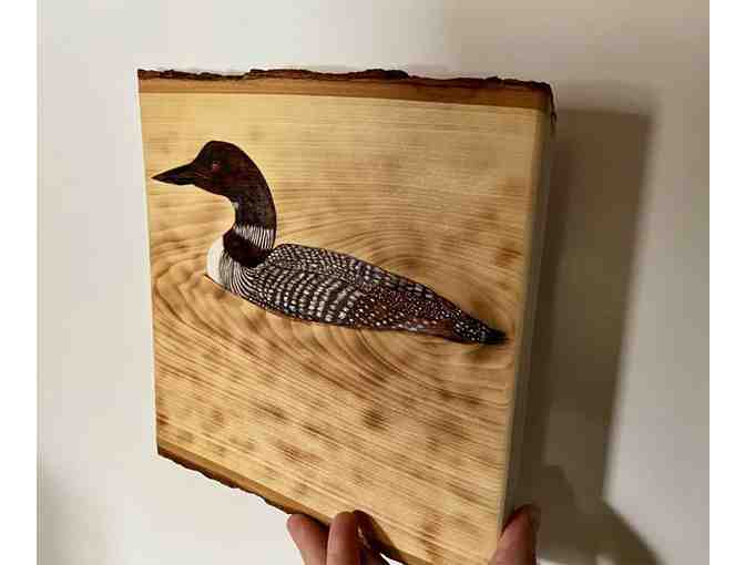 'The Loon of Walden Pond' on Hand-Burned Wood Plaque, by Burning Woman Mia Frattura