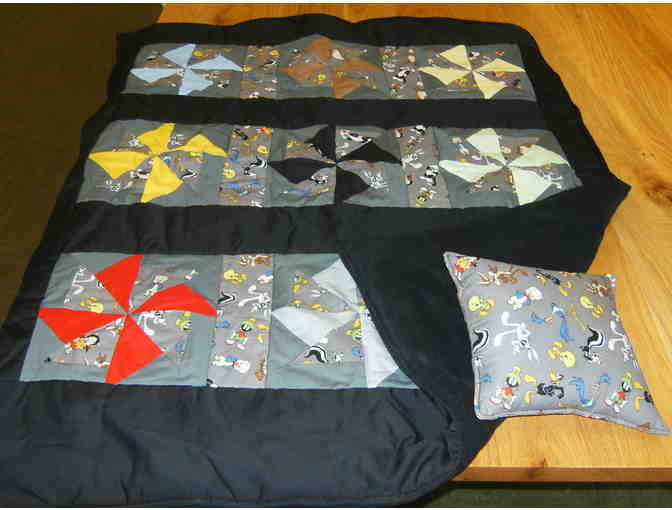 Quilt and Pillow with Pinwheel and Looney Tunes pattern