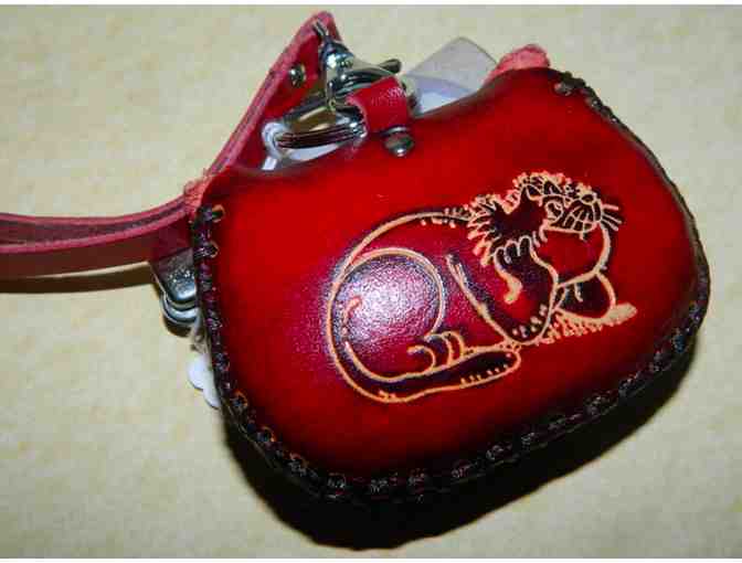 Hand-tooled Leather Red Cat Coin Purse/key chain: 3.5X3.5