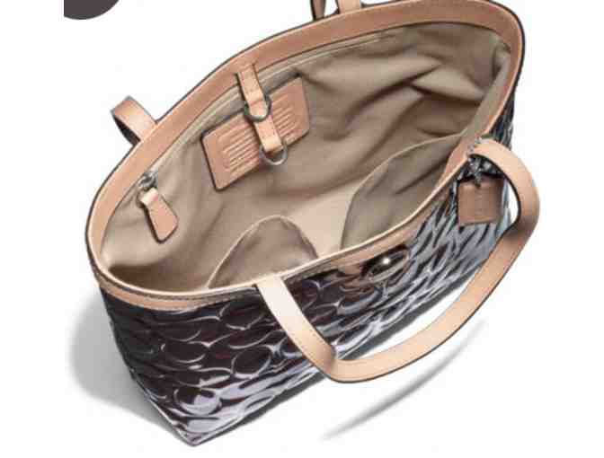 Coach Signature Stripe Embossed Dark Chocolate Patent Leather Tote - New with Tags