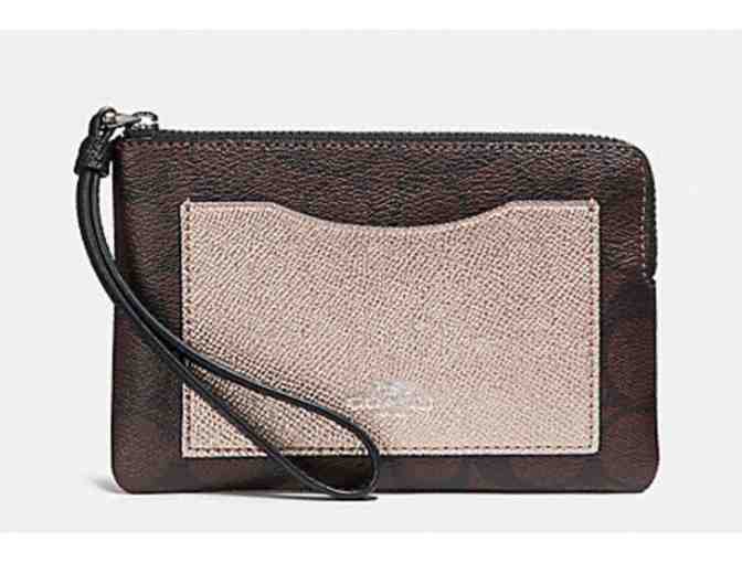 COACH CORNER ZIP WRISTLET W/METALLIC COLORBLOCK - BROWN/PLATINUM- NWT