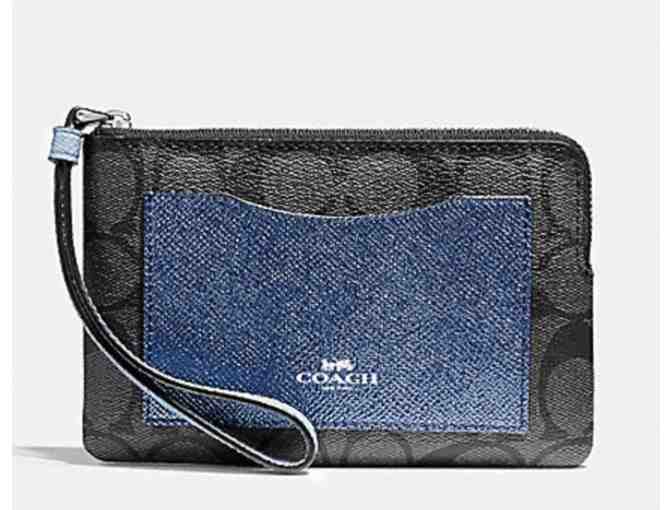 COACH CORNER ZIP WRISTLET W/METALLIC COLORBLOCK - BLACK/SMOKE - NWT