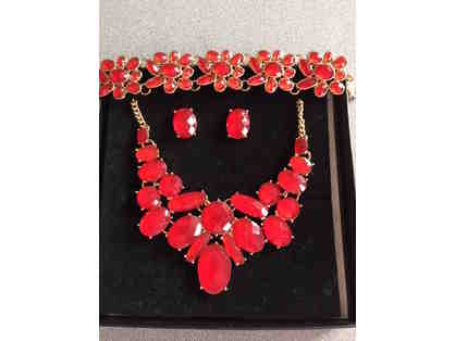 LOWERED OPENING! Statement Necklace, Earrings and Bracelet - Holiday Red