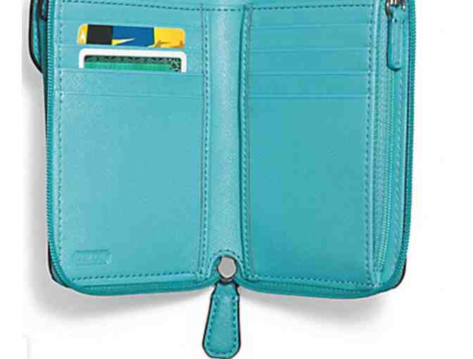 COACH CAMPBELL LEATHER UNIVERSAL ZIP WALLET - TURQUOISE