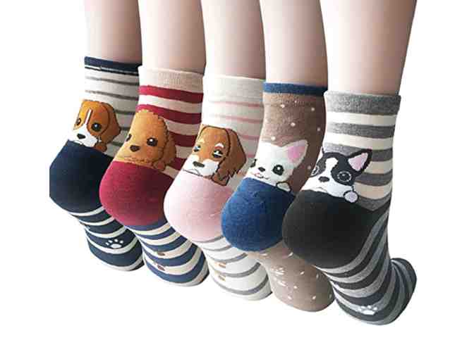 Peeking Puppy Crew Socks - Red stripes