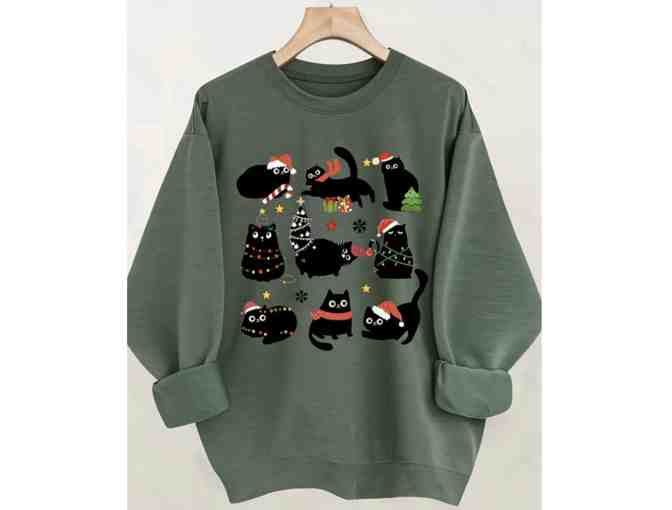 Festive Black Cat Print Womens Casual Crewneck Sweatshirt - Photo 1