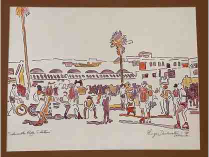 Framed Signed Original Painting by Artist Ginger Drinkwater "Sidewalk Cafe Skaters"