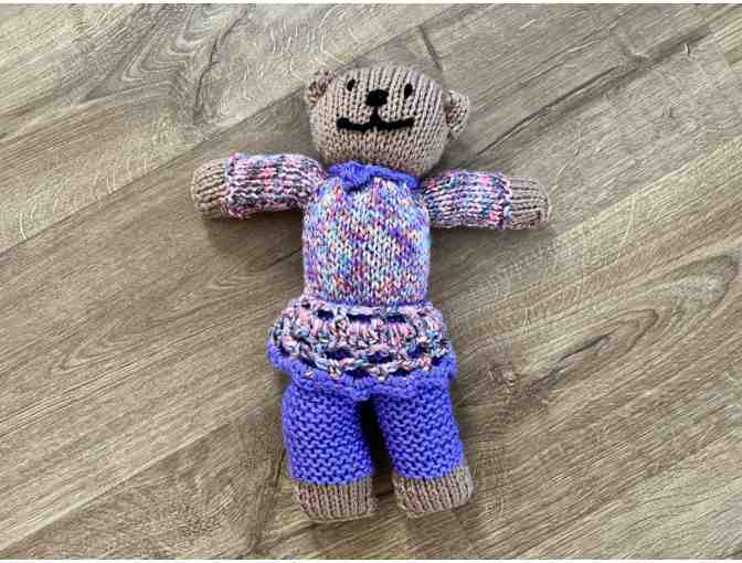 Handknit Baby Sweater, Hat & Teddy Bear - Orange Floral