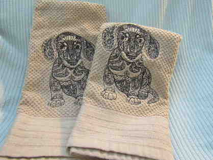 Tan Handtowels with Black Embroidered Dachshund