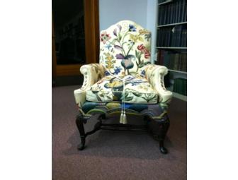 Elegant Crewel Work Wing Chair with Floral Design