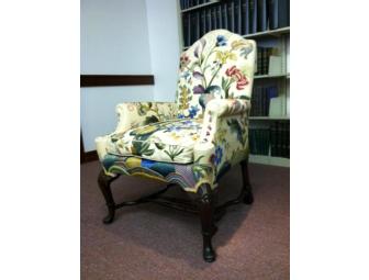 Elegant Crewel Work Wing Chair with Floral Design