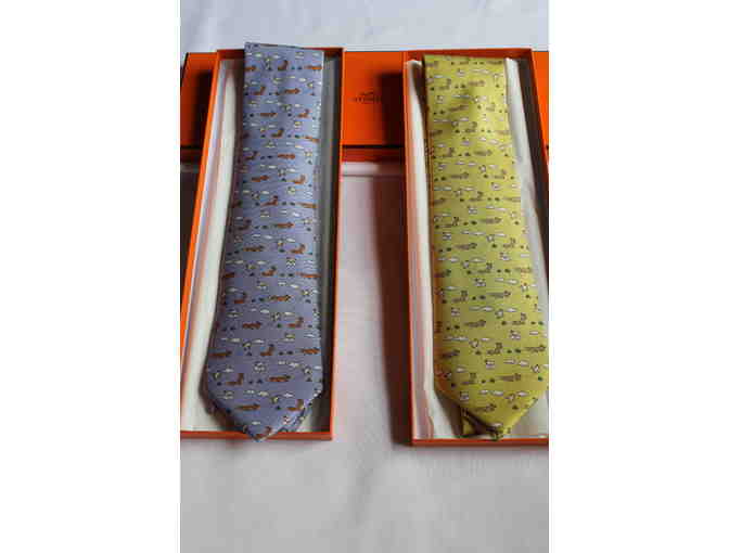 Pair of Hermes Silk Ties - Fox and Hen Collection